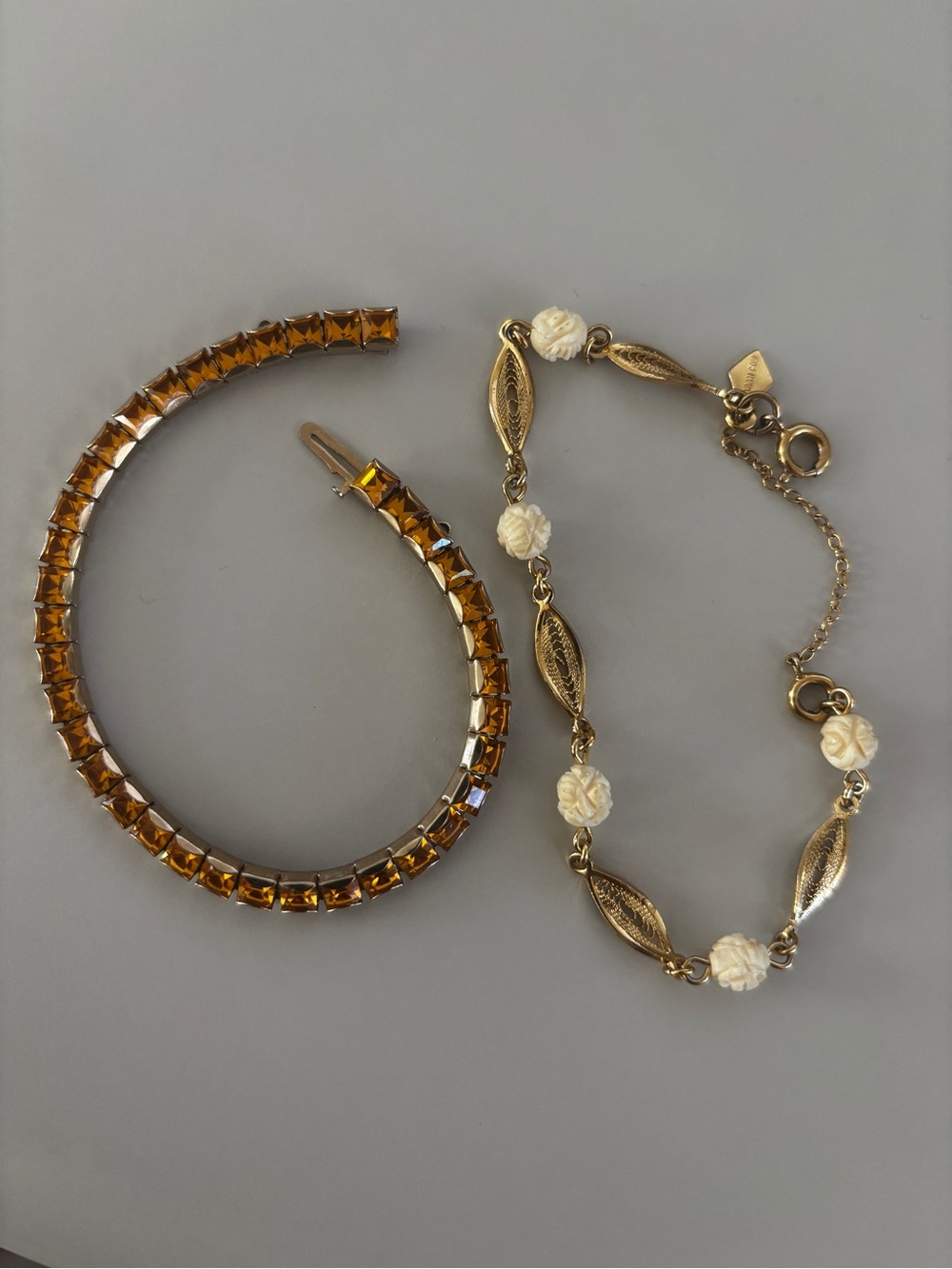 Gold-Tone Bracelet with Amber glass stones and Sarah Coventry filigree bracelet